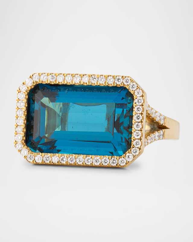 Gossip 18K Yellow Gold London Blue Topaz East West Emerald Cut Ring with Diamonds